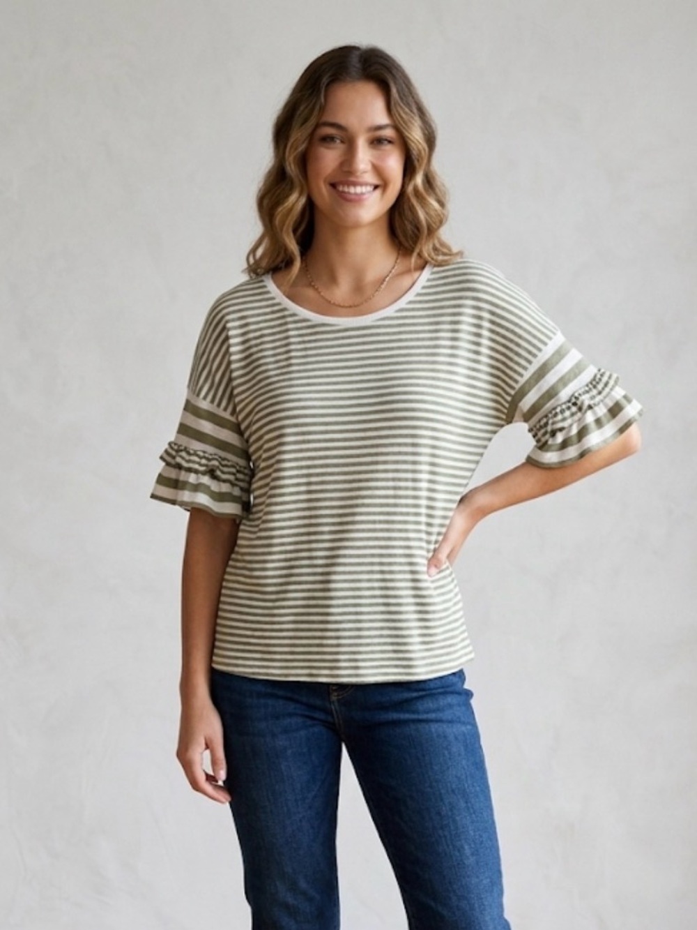 HEM & THREAD Women's Striped T-Shirt, Size M, Green White